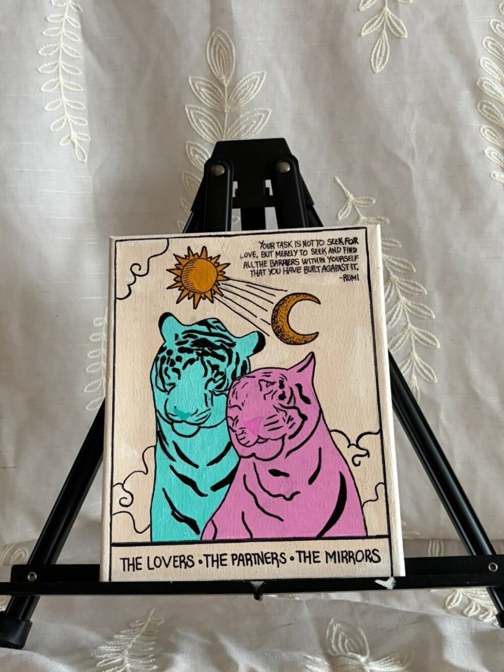 Hand Painted Lovers Tigers Celestial Rumi Quote Canvas 8x10